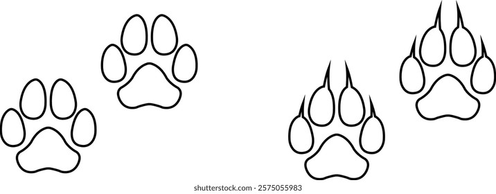 Dog paw print design flat and line icon set. Black vector collection isolated on transparent background. Footprint pet step symbol for animal zoo, vet logo element apps and websites.