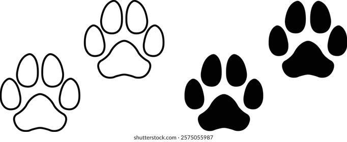 Dog paw print design flat and line icon set. Black vector collection isolated on transparent background. Footprint pet step symbol for animal zoo, vet logo element apps and websites.