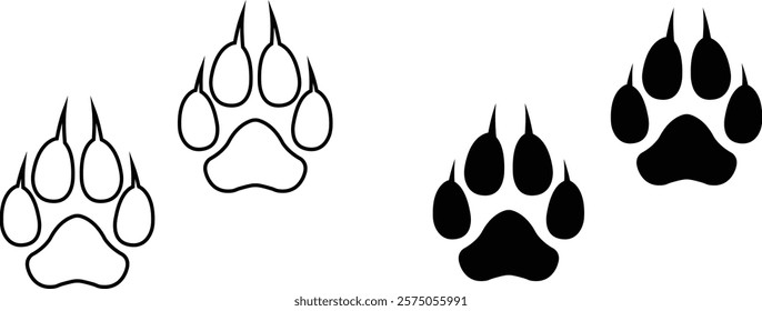 Dog paw print design flat and line icon set. Black vector collection isolated on transparent background. Footprint pet step symbol for animal zoo, vet logo element apps and websites.