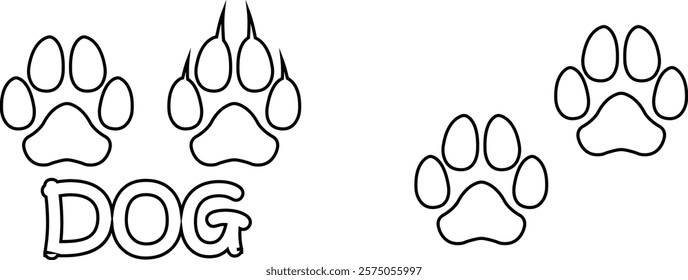 Dog paw print design flat and line icon set. Black vector collection isolated on transparent background. Footprint pet step symbol for animal zoo, vet logo element apps and websites.