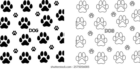 Dog paw print design flat and line icon set. Black vector collection isolated on transparent background. Footprint pet step symbol for animal zoo, vet logo element apps and websites.