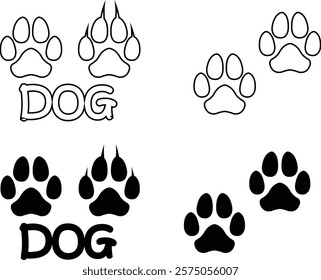 Dog paw print design flat and line icon set. Black vector collection isolated on transparent background. Footprint pet step symbol for animal zoo, vet logo element apps and websites.