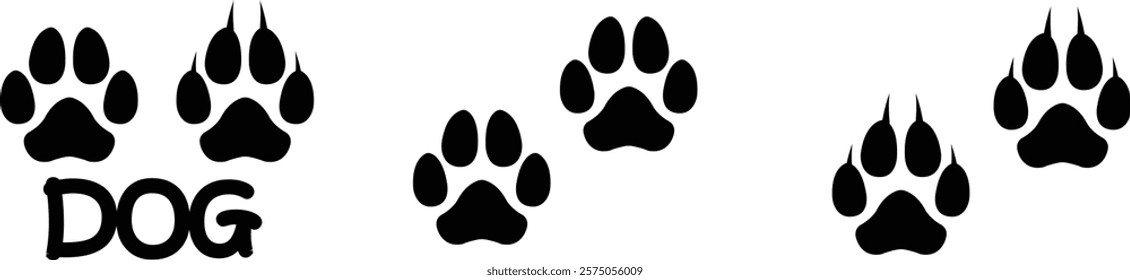 Dog paw print design flat and line icon set. Black vector collection isolated on transparent background. Footprint pet step symbol for animal zoo, vet logo element apps and websites.