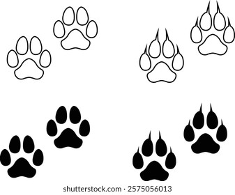 Dog paw print design flat and line icon set. Black vector collection isolated on transparent background. Footprint pet step symbol for animal zoo, vet logo element apps and websites.