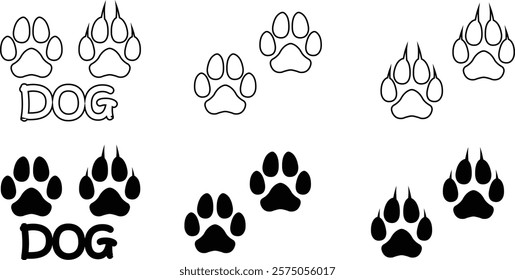 Dog paw print design flat and line icon set. Black vector collection isolated on transparent background. Footprint pet step symbol for animal zoo, vet logo element apps and websites.