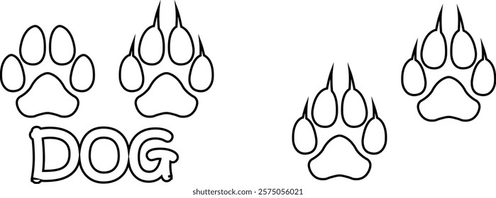 Dog paw print design flat and line icon set. Black vector collection isolated on transparent background. Footprint pet step symbol for animal zoo, vet logo element apps and websites.