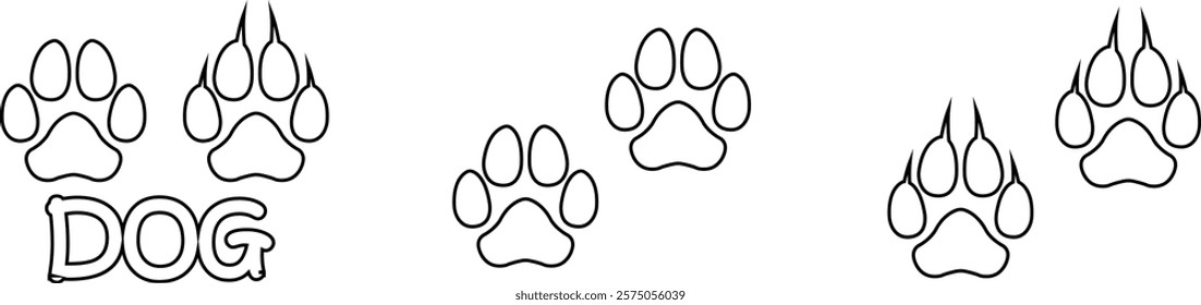 Dog paw print design flat and line icon set. Black vector collection isolated on transparent background. Footprint pet step symbol for animal zoo, vet logo element apps and websites.