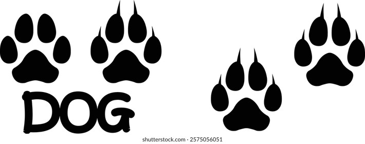 Dog paw print design flat and line icon set. Black vector collection isolated on transparent background. Footprint pet step symbol for animal zoo, vet logo element apps and websites.