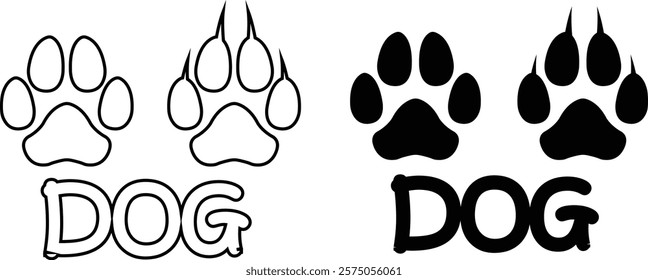 Dog paw print design flat and line icon set. Black vector collection isolated on transparent background. Footprint pet step symbol for animal zoo, vet logo element apps and websites.