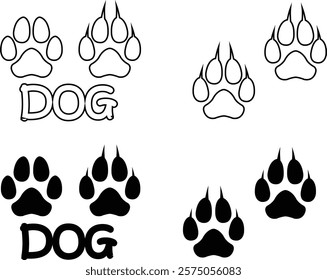 Dog paw print design flat and line icon set. Black vector collection isolated on transparent background. Footprint pet step symbol for animal zoo, vet logo element apps and websites.