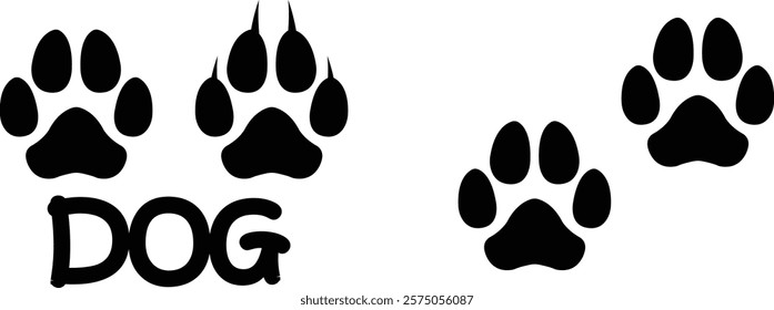 Dog paw print design flat and line icon set. Black vector collection isolated on transparent background. Footprint pet step symbol for animal zoo, vet logo element apps and websites.