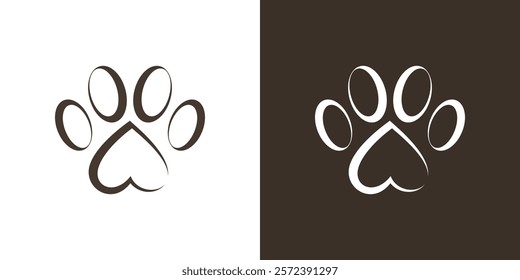 Dog paw print heart icon logo. Dog foot step love outline vector