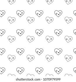 Dog paw print in heart seamless pattern. Traces of Cat Textile line heart Pattern. Cat footprint seamless pattern. Vector seamless eps