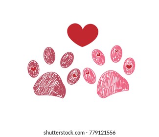 Dog paw print with hearts. Valentine's day greeting card with hearts and paw print