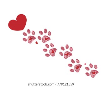 Dog paw print with hearts. Valentine's day greeting card with hearts and paw print