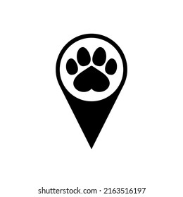 Dog paw print icon with heart on location pin. Silhouette. Isolated vector illustration on white background.