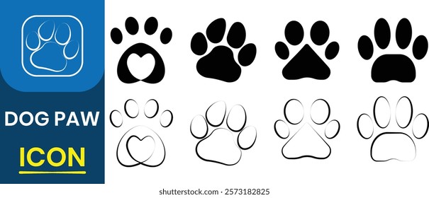 Dog Paw print icon set. Dog Paw footprint icons in different style, Love with a heart-shaped frame of dog tracks, trails. Puppy foot mark isolated Vector illustration.