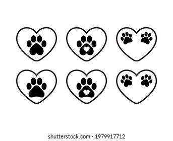 Dog Paw Print Inside Heart Logo Icon Shape Outline Set