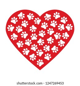 Dog paw print made of red heart vector illustration background