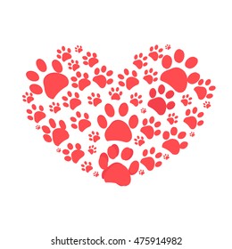 Dog paw print made of red heart vector illustration background