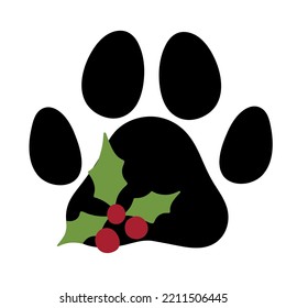 Dog Paw Print with mistletoe. Christmas Dog. Love dogs. Vector illustration. Isolated on white background.