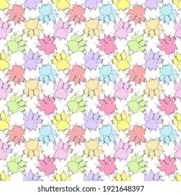 Dog paw print pattern in the colors of Easter. Cartoon style design for dog related products. Paint splatter effect applied to image. 