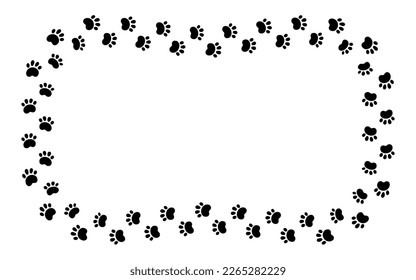 Dog paw print rectangle frame. Cute cat pawprint frame. Pet foot trail border. Black dog step silhouette. Simple doodle drawing. Vector illustration isolated on white background.