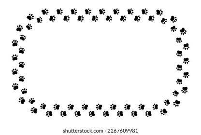 Hundepfoten Druckrechteck Rahmen. Kuschelkatzenrahmen. Pet-Fuß-Trail-Grenze. Schwarzer Hund Stechsilhouette. Einfache Zeichnung des Doodles. Vektorgrafik einzeln auf weißem Hintergrund.