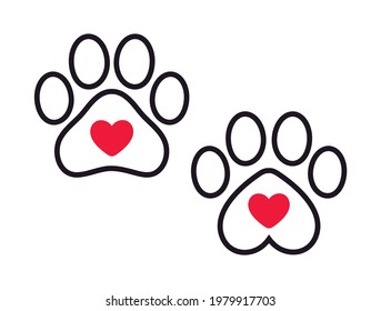 Dog Paw Print With Red Heart Silhouette Icon Logo Shape Outline