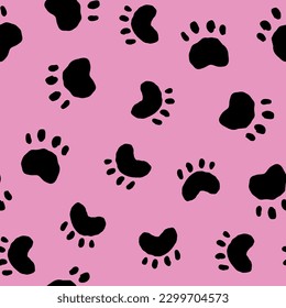 Dog paw print seamless. Cute template for design, wrapping paper, card, poster, banner, flyer. Vector illustration. Isolated on pink background