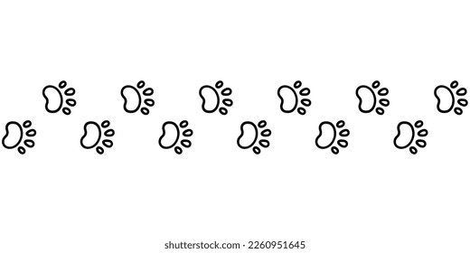 Dog paw print seamless line. Cute cat pawprint. Pet foot trail. Black dog step silhouette. Simple doodle drawing. Vector illustration isolated on white background.