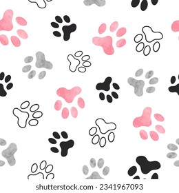 Dog paw print seamless pattern in pink and black colors