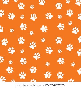 Dog Paw Print Seamless Pattern Design On Orange Background