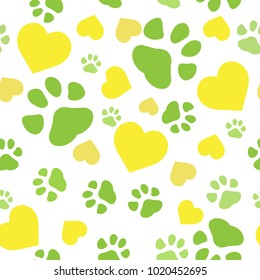 Dog paw print seamless. Traces of Cat Textile Pattern. Vector seamless. Yellow and green paw