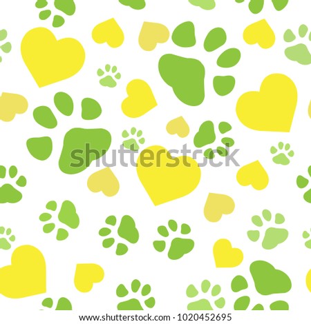 Dog paw print seamless. Traces of Cat Textile Pattern. Vector seamless. Yellow and green paw