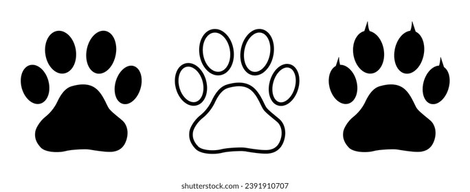 Dog paw print set. Paw icon. Pet footprint sign. Vector illustration.