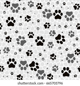 Dog paw print and star seamless pattern on white background. Modern stylish texture.