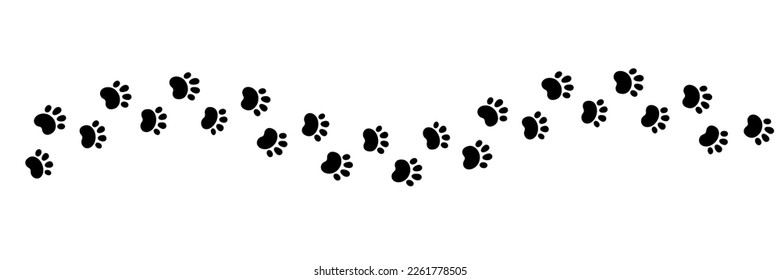 Línea de onda de la huella de la garra del perro. Huella de gato. Pie de mascota. Silueta de paso de perro negro. Dibujo simple de garabatos. Ilustración vectorial aislada en fondo blanco.