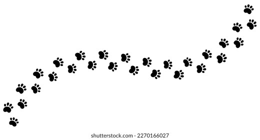 Dog paw print wave line. Cute cat pawprint. Pet foot trail. Black dog step silhouette. Simple doodle drawing. Vector illustration isolated on white background.