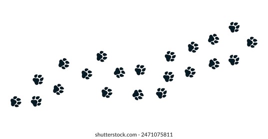 Dog paw print wave line. Cute cat paw print. Pet foot trail. Black dog step silhouette. Simple doodle drawing. Vector illustration isolated on white background.