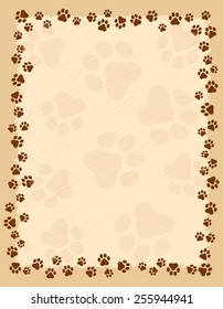 Dog Paw Prints Border / Frame On Brown Grunge Background