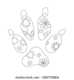 Dog paw prints with flowers.  Monochrome hand-draw vector illustration in Line Art. Isolated on white background. For coloring page, tattoo design, T-shirt printihg, postcards, stencil, pattern, web.