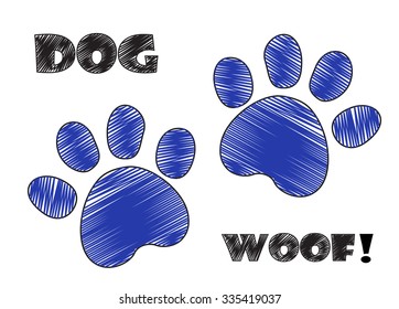Dog paw prints hand drawn pen ink vector.