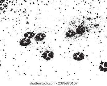 Dog paw prints on snow, vector grunge texture. Using the effect of distress, weathering, chips, scuffs, dust, dirt, large and small grains. For backgrounds in vintage style, overlay, stencil
