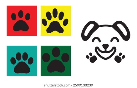 Dog Paw Prints in Various Colors and a Happy Dog Face Outline on White Background