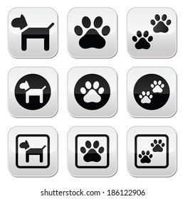 Dog, paw prints vector buttons set