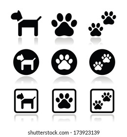 Dog, paw prints vector icons set