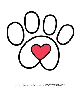 Dog paw with red heart inside. Outline vector isolated icon. Hand drawn illustration on white background.