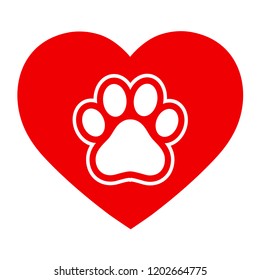 dog paw in red heart on white background