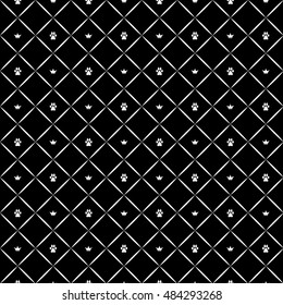 Dog paw seamless luxury pattern with crowns. Black and white print. Vector illustration.